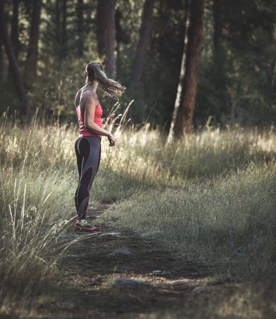 girl, running, health, fitness, exercise, jogging, woman, people, grass, forest, woods, nature, outdoors, gray health, gray fitness, gray exercise, gray grass, gray running, gray workout, gray run