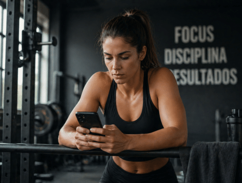 Mujer deportista mirando su smartphone apoyada en una barra dentro de un gimnasio durante el entrenamiento